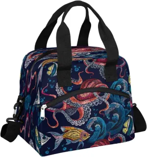 Insulated Lunch Bag Undersea Fish Octopus Lunch Box for Women Men Reusable Lunch Tote Bag with Adjustable Shoulder Belt Portable Lunchbox Cooler Bag Organizer for Office Work Picnic