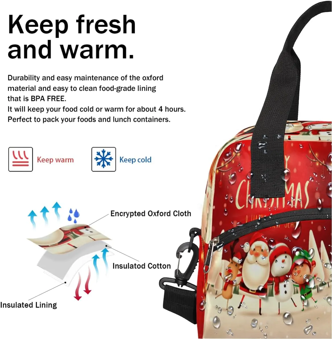Insulated Lunch Bag Women Men Christmas Santa Snowman Reindeer Large Reusable Lunch Box Leakproof Lunch Tote Bag Cooler Bag with Adjustable Shoulder Strap Travel Picnic Work Beach