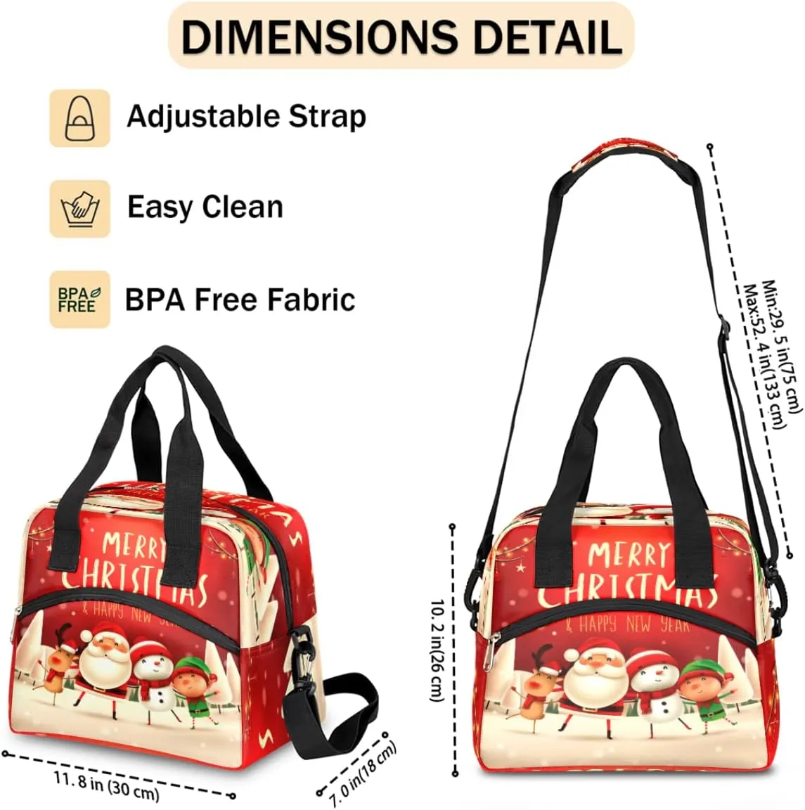 Insulated Lunch Bag Women Men Christmas Santa Snowman Reindeer Large Reusable Lunch Box Leakproof Lunch Tote Bag Cooler Bag with Adjustable Shoulder Strap Travel Picnic Work Beach