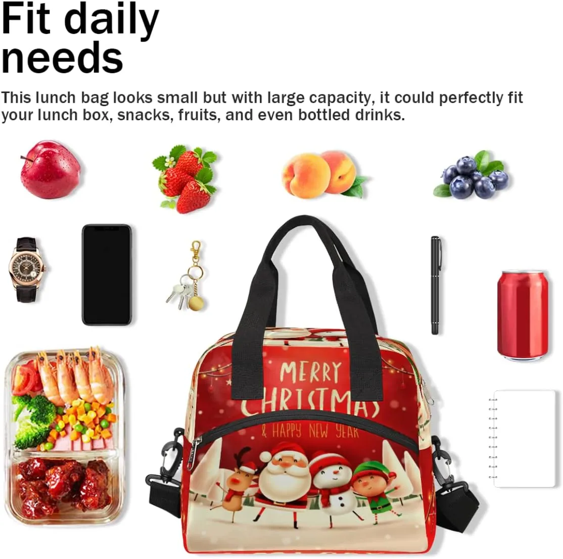 Insulated Lunch Bag Women Men Christmas Santa Snowman Reindeer Large Reusable Lunch Box Leakproof Lunch Tote Bag Cooler Bag with Adjustable Shoulder Strap Travel Picnic Work Beach