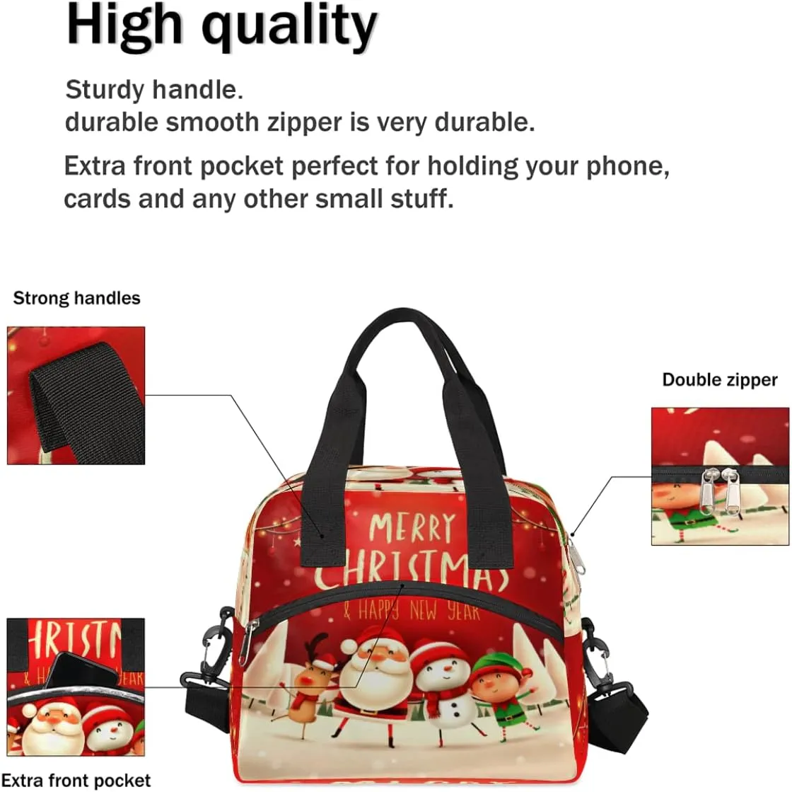 Insulated Lunch Bag Women Men Christmas Santa Snowman Reindeer Large Reusable Lunch Box Leakproof Lunch Tote Bag Cooler Bag with Adjustable Shoulder Strap Travel Picnic Work Beach
