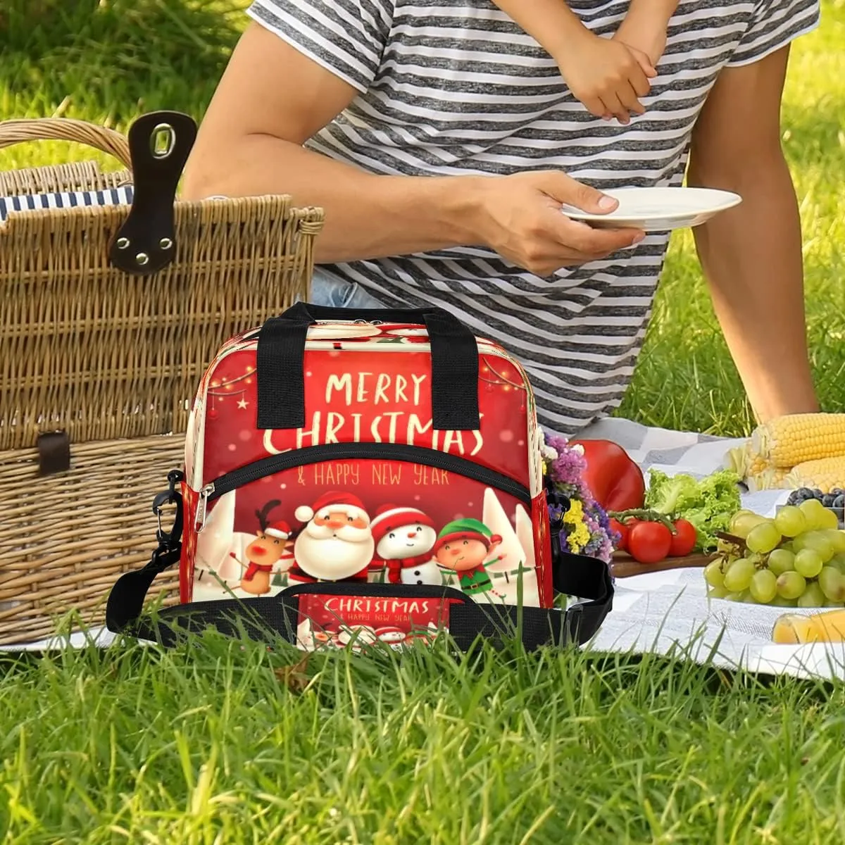 Insulated Lunch Bag Women Men Christmas Santa Snowman Reindeer Large Reusable Lunch Box Leakproof Lunch Tote Bag Cooler Bag with Adjustable Shoulder Strap Travel Picnic Work Beach