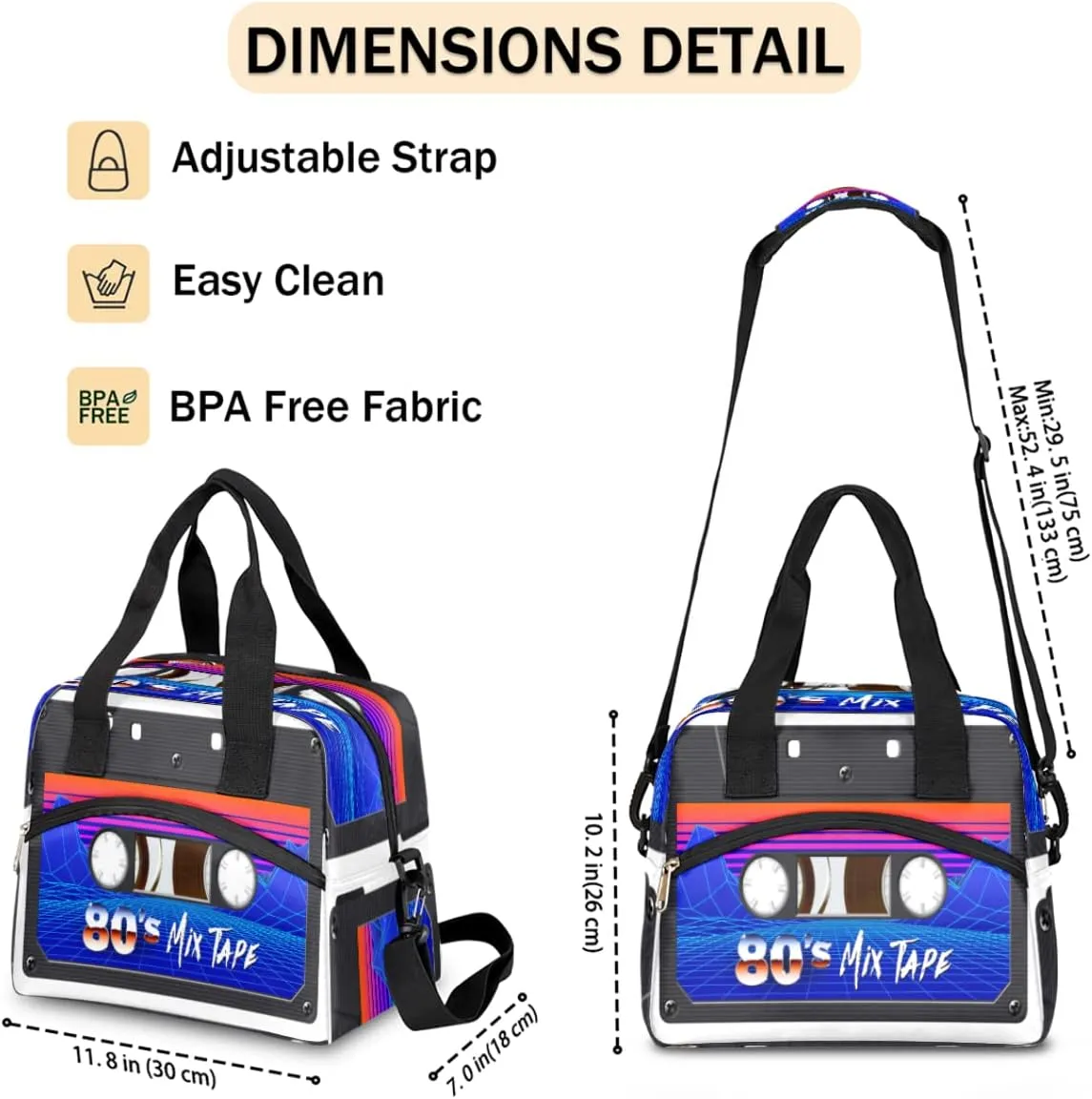 Insulated Lunch Bag Women Men Retro Cassette Tape Large Reusable Lunch Box Leakproof Lunch Tote Bag Cooler Bag with Adjustable Shoulder Strap Travel Picnic Work Beach