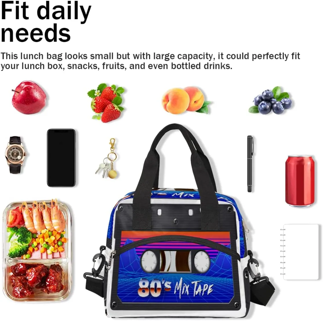 Insulated Lunch Bag Women Men Retro Cassette Tape Large Reusable Lunch Box Leakproof Lunch Tote Bag Cooler Bag with Adjustable Shoulder Strap Travel Picnic Work Beach