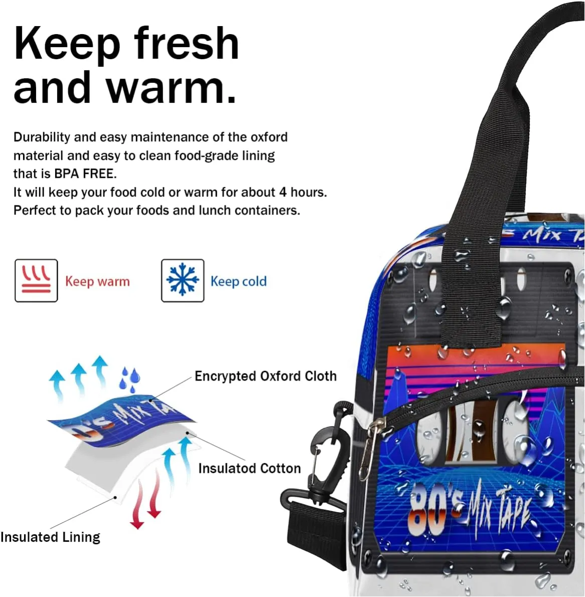 Insulated Lunch Bag Women Men Retro Cassette Tape Large Reusable Lunch Box Leakproof Lunch Tote Bag Cooler Bag with Adjustable Shoulder Strap Travel Picnic Work Beach