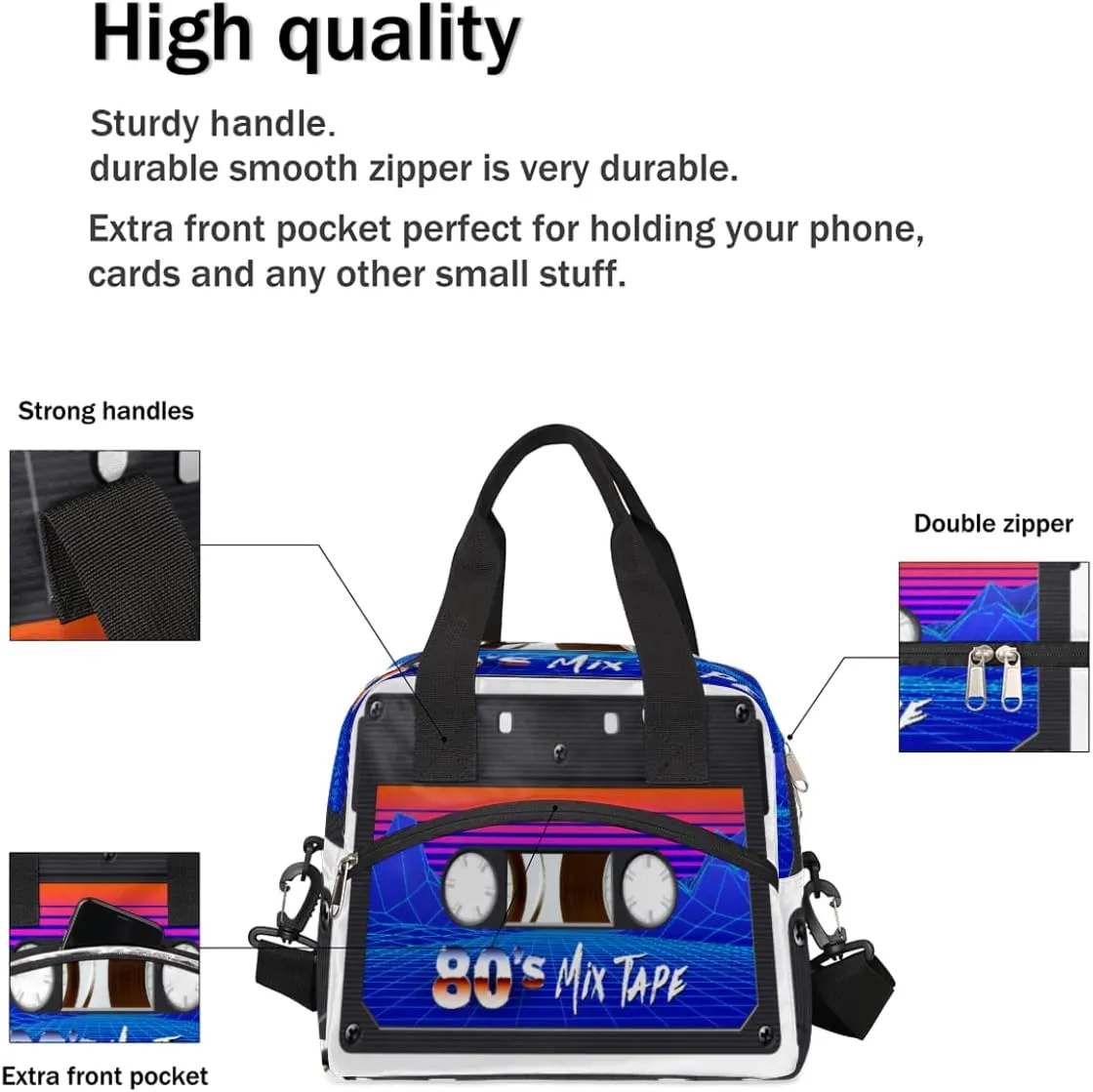 Insulated Lunch Bag Women Men Retro Cassette Tape Large Reusable Lunch Box Leakproof Lunch Tote Bag Cooler Bag with Adjustable Shoulder Strap Travel Picnic Work Beach