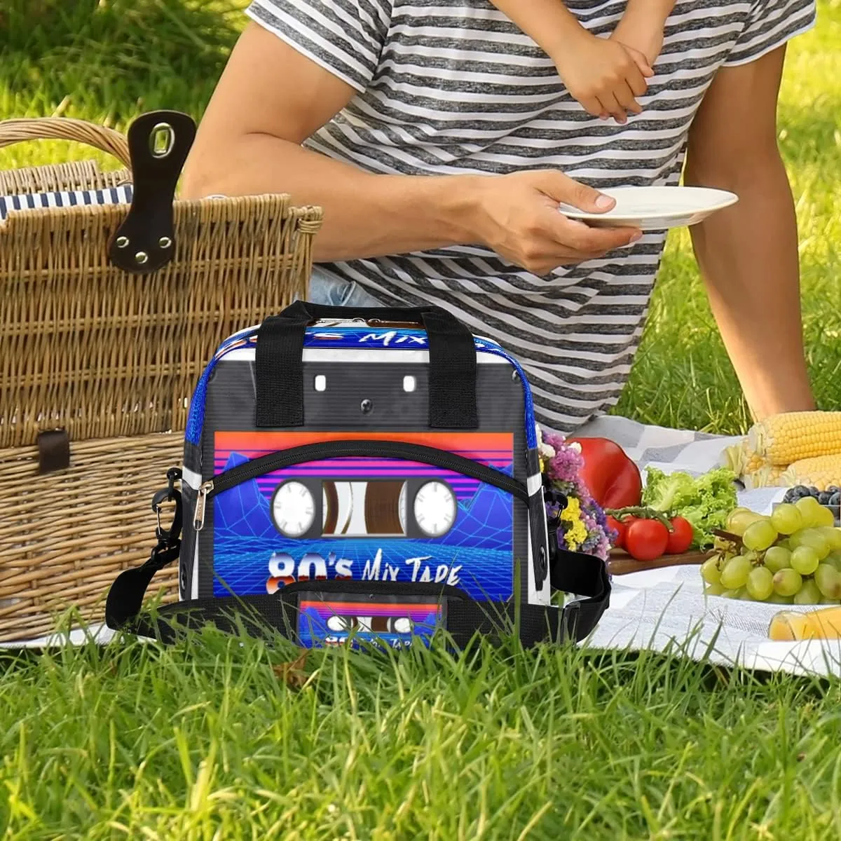 Insulated Lunch Bag Women Men Retro Cassette Tape Large Reusable Lunch Box Leakproof Lunch Tote Bag Cooler Bag with Adjustable Shoulder Strap Travel Picnic Work Beach