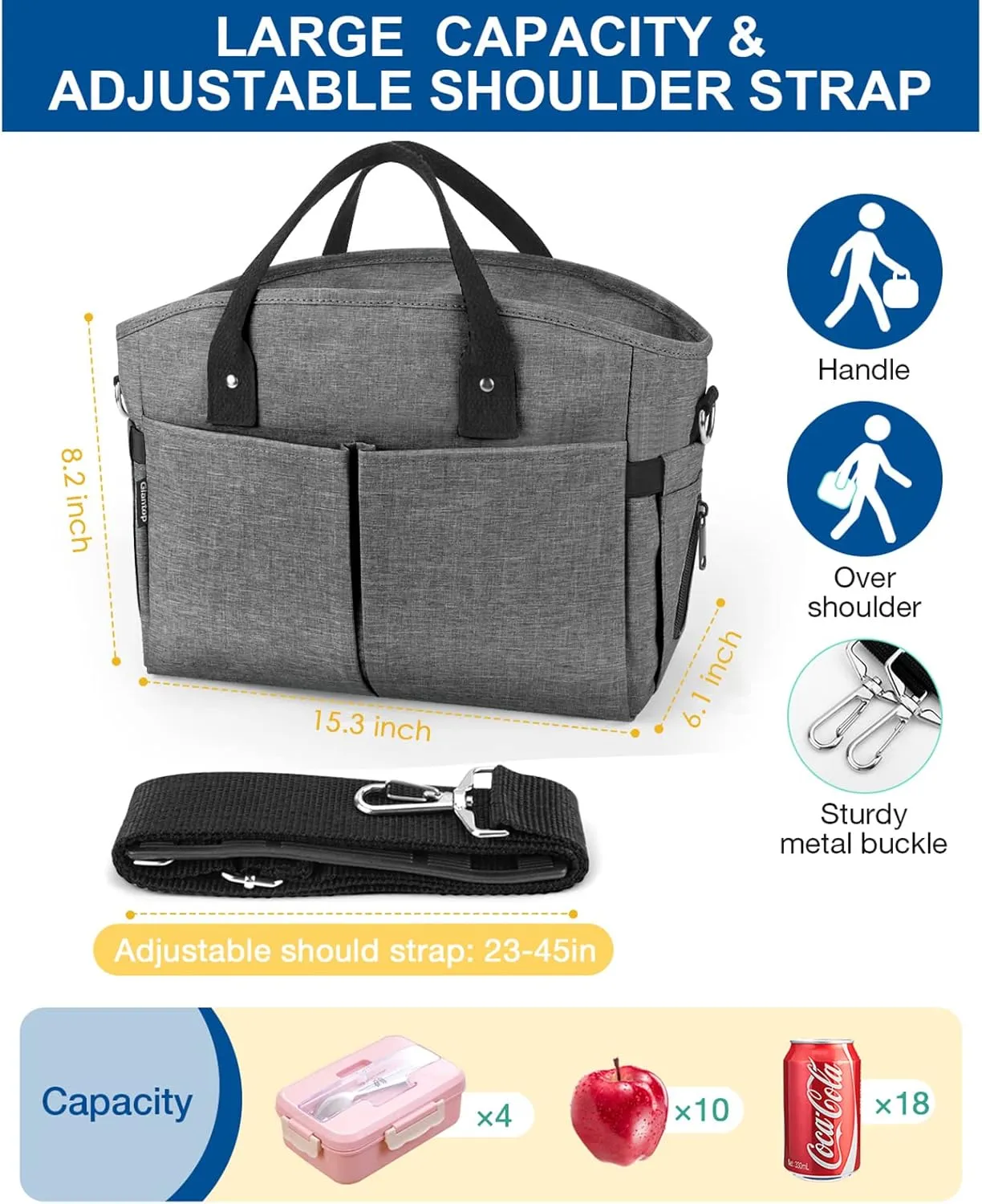 Insulated Lunch Bags for Women, Extra Large Lunch Tote Box with Shoulder Strap, Water Bottle Holders and Side Pockets, Leakproof Cooler Lunch Bag for Work Picnic Camping Beach
