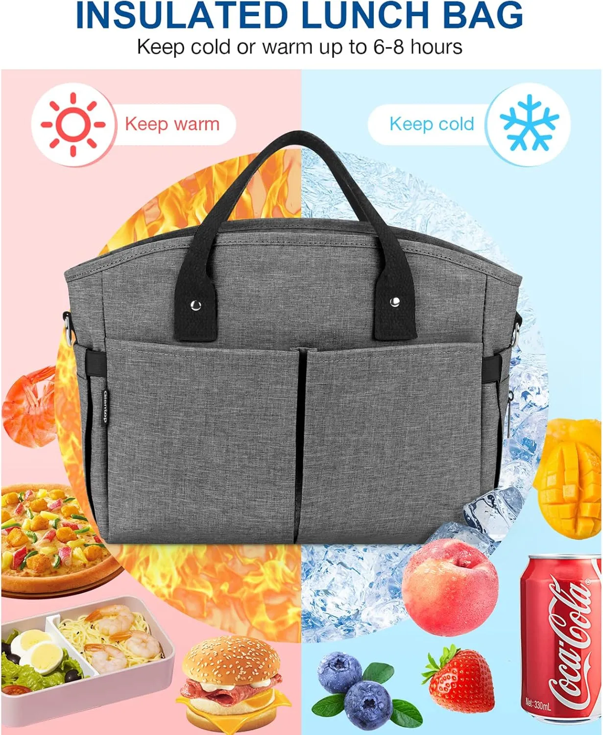 Insulated Lunch Bags for Women, Extra Large Lunch Tote Box with Shoulder Strap, Water Bottle Holders and Side Pockets, Leakproof Cooler Lunch Bag for Work Picnic Camping Beach