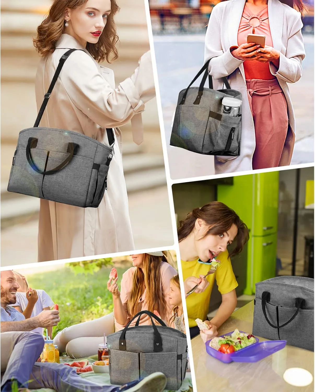 Insulated Lunch Bags for Women, Extra Large Lunch Tote Box with Shoulder Strap, Water Bottle Holders and Side Pockets, Leakproof Cooler Lunch Bag for Work Picnic Camping Beach