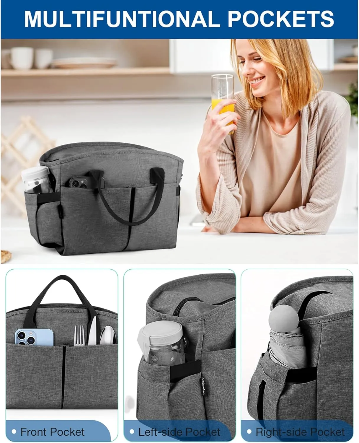 Insulated Lunch Bags for Women, Extra Large Lunch Tote Box with Shoulder Strap, Water Bottle Holders and Side Pockets, Leakproof Cooler Lunch Bag for Work Picnic Camping Beach