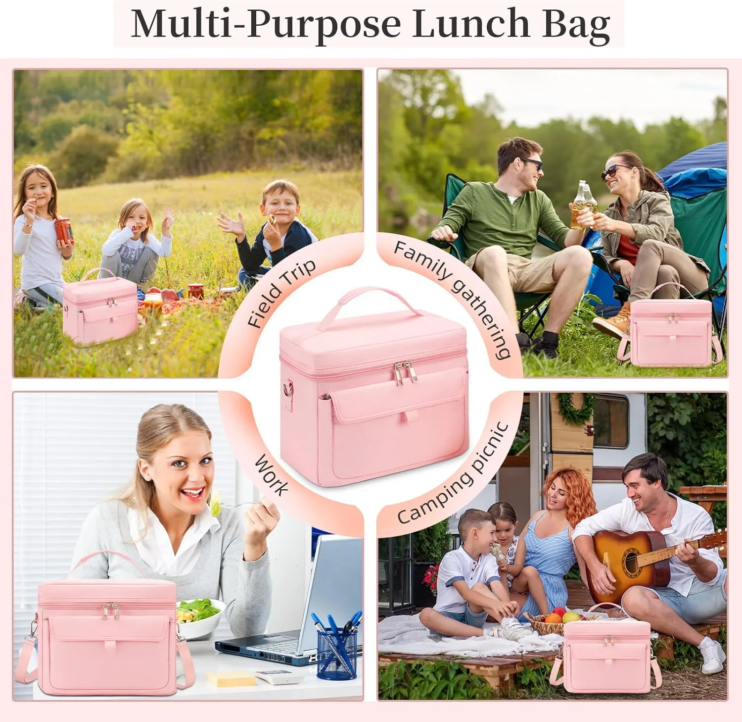 Insulated Lunch Box & Lunch Bag for Women - Reusable Lunch Bags adult Cooler Bag soft Leakproof Lightweight - Large Lunchbox for Work/Picnic/Outdoor (9.5L Pink)