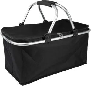 Insulated Picnic Basket Foldable Bag with Handle – Collapsible Shopping Basket for Outdoor Camping, Grocery, Beach, and Food Storage (Black)