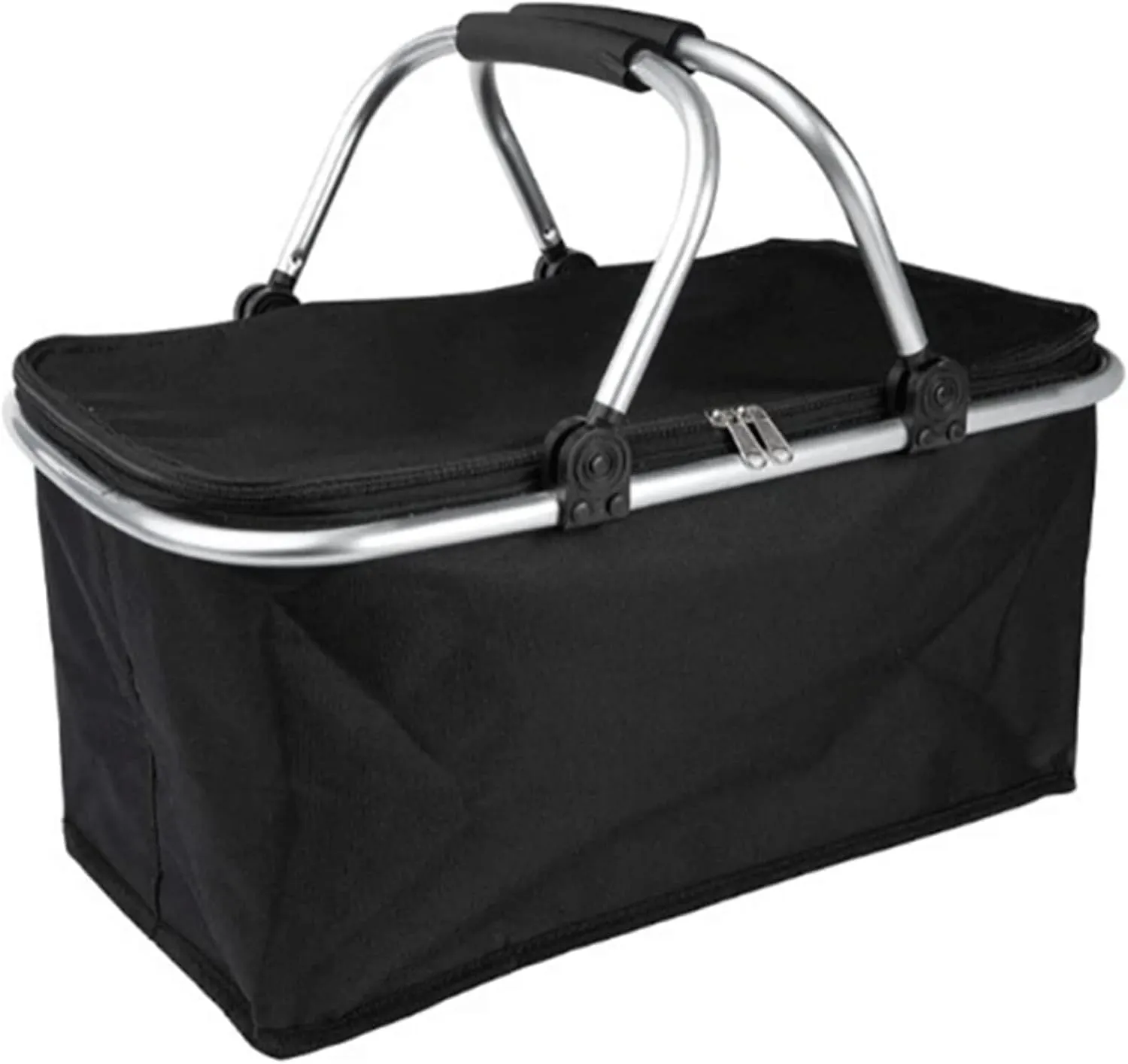 Insulated Picnic Basket Foldable Bag with Handle – Collapsible Shopping Basket for Outdoor Camping, Grocery, Beach, and Food Storage (Black)