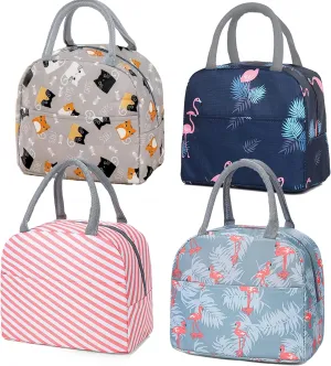 INVODA 4PCS Lunch Bag 4PCS Reusable Portable Lunch Bag Insulated Picnic Bag Cooler and Thermal Lunch Organizer for Work Picnic (4 Patterns)