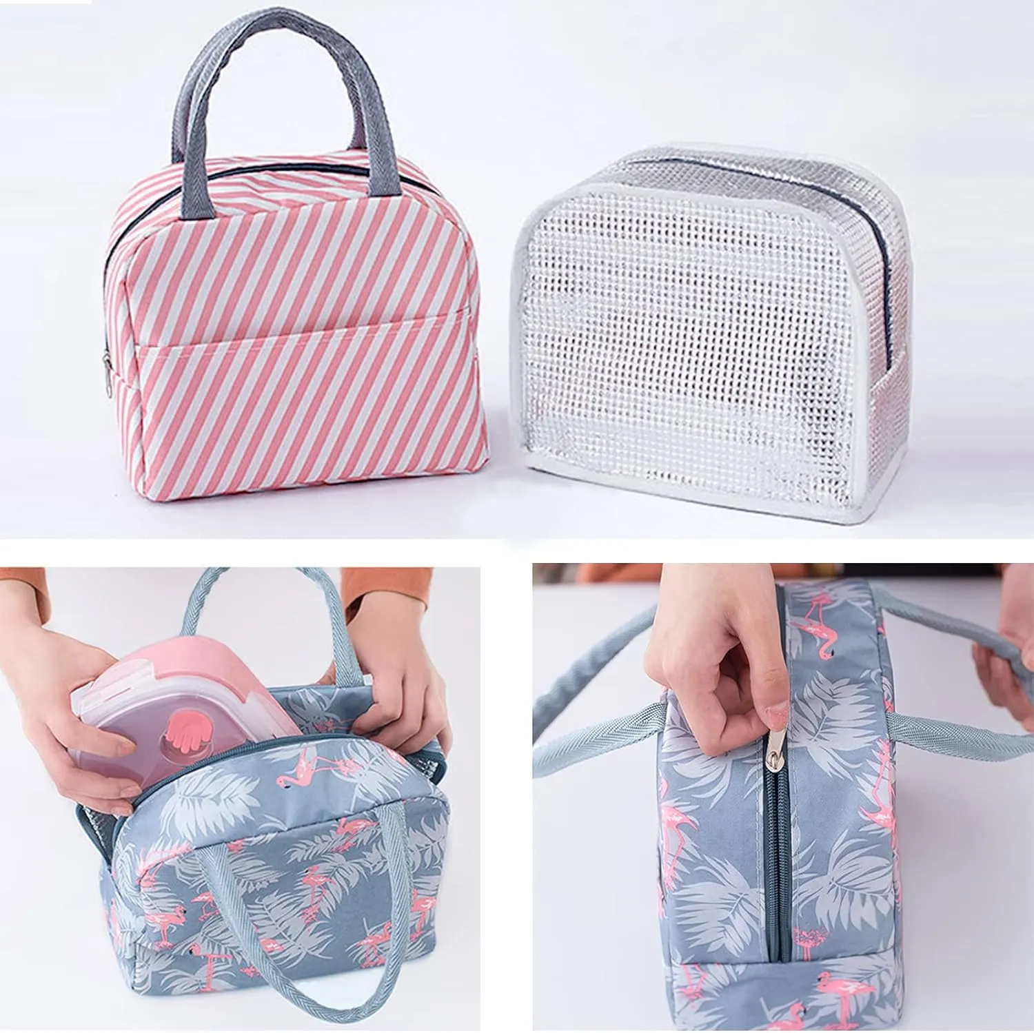 INVODA 4PCS Lunch Bag 4PCS Reusable Portable Lunch Bag Insulated Picnic Bag Cooler and Thermal Lunch Organizer for Work Picnic (4 Patterns)