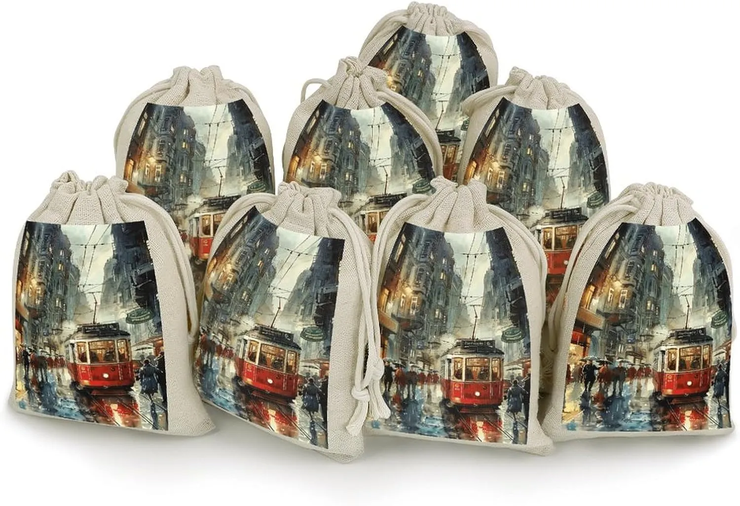IOLVSHGH Red Tram in The Rain Empty Sachet Bags 8 PCS Cotton Muslin Bags with Drawstring Small Cloth Gift Pouches 6.7x4.9 Inch Burlap Bag Drawstring for Spice Tea Jewelry Wedding Party