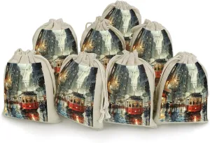 IOLVSHGH Red Tram in The Rain Empty Sachet Bags 8 PCS Cotton Muslin Bags with Drawstring Small Cloth Gift Pouches 6.7x4.9 Inch Burlap Bag Drawstring for Spice Tea Jewelry Wedding Party