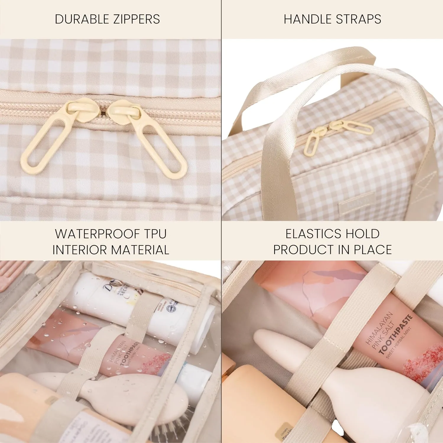 Jadyn Hanging Toiletry Bag, Expandable Toiletry Organizer for Women, Water Resistant Large Travel Cosmetic Bag for Full Size Makeup, Toiletries, Lotion, Shampoo, Accessories (Beige Gingham)