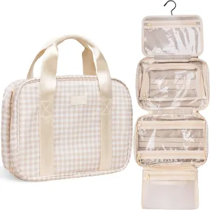 Jadyn Hanging Toiletry Bag, Expandable Toiletry Organizer for Women, Water Resistant Large Travel Cosmetic Bag for Full Size Makeup, Toiletries, Lotion, Shampoo, Accessories (Beige Gingham)