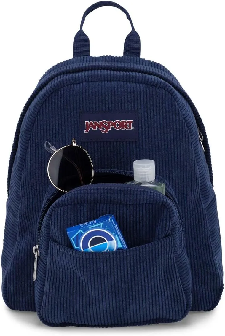 JanSport Half Pint FX Mini Backpack – One Main Compartment, Front Zippered Stash Pocket, Adjustable Webbing Shoulder Straps, Web Haul Handle - Navy Corduroy