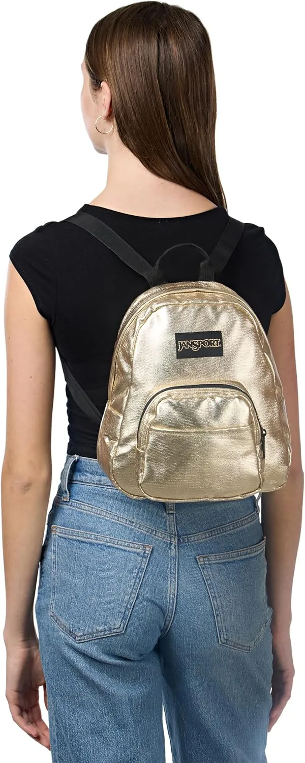 JanSport Half Pint FX Mini Backpack – One Main Compartment, Front Zippered Stash Pocket, Adjustable Webbing Shoulder Straps, Web Haul Handle - Surreal Shine​ Gold