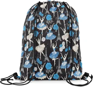 jejeloiu Eiffel Tower Drawstring Backpack 57"x3.1" Ballerinas Waterproof Gym Drawstring Bags Dancing Romantic Blue Sports String Backpack
