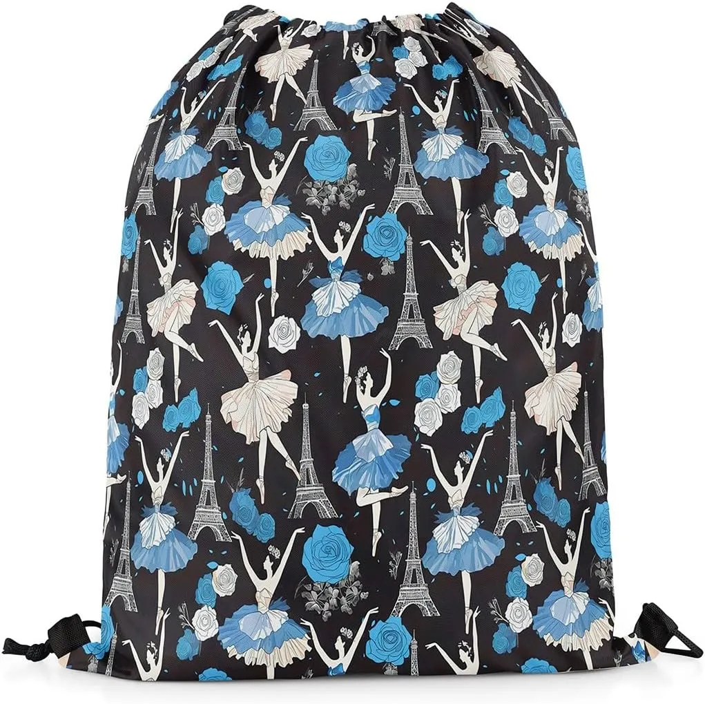 jejeloiu Eiffel Tower Drawstring Backpack 57"x3.1" Ballerinas Waterproof Gym Drawstring Bags Dancing Romantic Blue Sports String Backpack