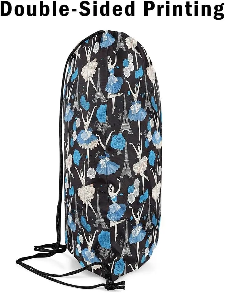 jejeloiu Eiffel Tower Drawstring Backpack 57"x3.1" Ballerinas Waterproof Gym Drawstring Bags Dancing Romantic Blue Sports String Backpack