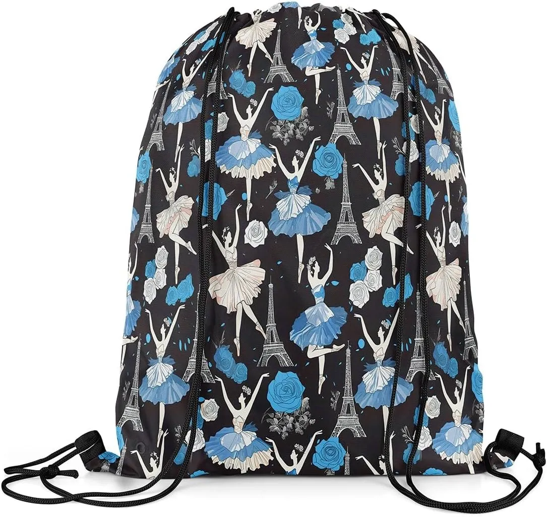jejeloiu Eiffel Tower Drawstring Backpack 57"x3.1" Ballerinas Waterproof Gym Drawstring Bags Dancing Romantic Blue Sports String Backpack