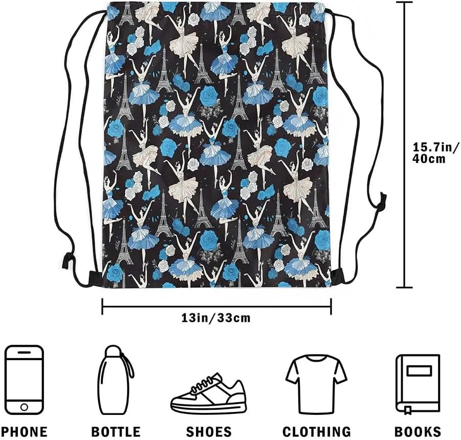 jejeloiu Eiffel Tower Drawstring Backpack 57"x3.1" Ballerinas Waterproof Gym Drawstring Bags Dancing Romantic Blue Sports String Backpack