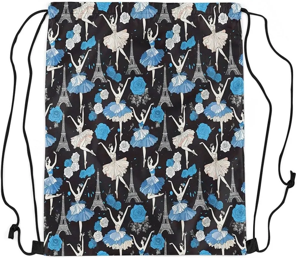 jejeloiu Eiffel Tower Drawstring Backpack 57"x3.1" Ballerinas Waterproof Gym Drawstring Bags Dancing Romantic Blue Sports String Backpack