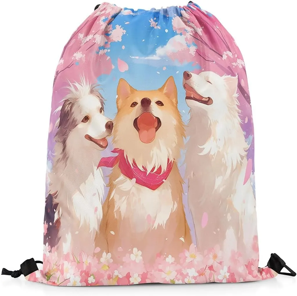 jejeloiu Sausage Dog Drawstring Backpack Cherry Blossoms Drawstring Bags Kawaii Shiba Inu Japanese Style Gym String Bag 13"x15.7" Puppy Dog Blue Pink Waterproof Cinch Bag Drawstring Backpack