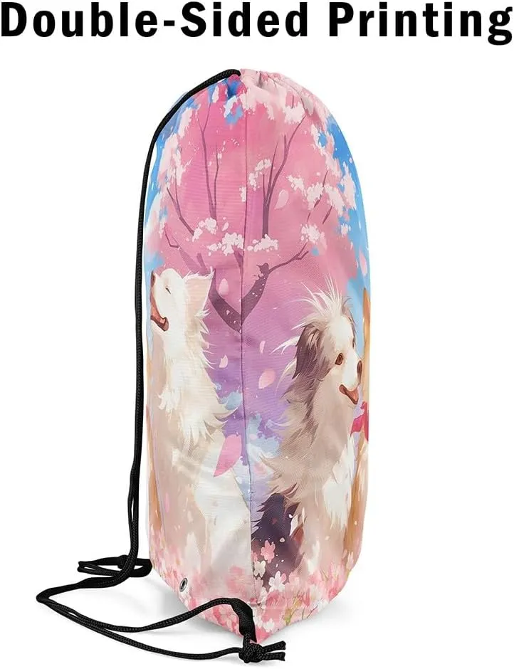 jejeloiu Sausage Dog Drawstring Backpack Cherry Blossoms Drawstring Bags Kawaii Shiba Inu Japanese Style Gym String Bag 13"x15.7" Puppy Dog Blue Pink Waterproof Cinch Bag Drawstring Backpack