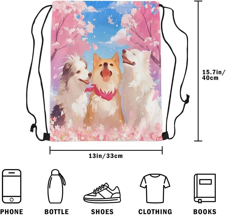 jejeloiu Sausage Dog Drawstring Backpack Cherry Blossoms Drawstring Bags Kawaii Shiba Inu Japanese Style Gym String Bag 13"x15.7" Puppy Dog Blue Pink Waterproof Cinch Bag Drawstring Backpack