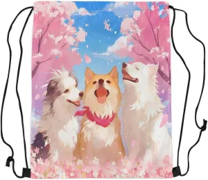 jejeloiu Sausage Dog Drawstring Backpack Cherry Blossoms Drawstring Bags Kawaii Shiba Inu Japanese Style Gym String Bag 13"x15.7" Puppy Dog Blue Pink Waterproof Cinch Bag Drawstring Backpack