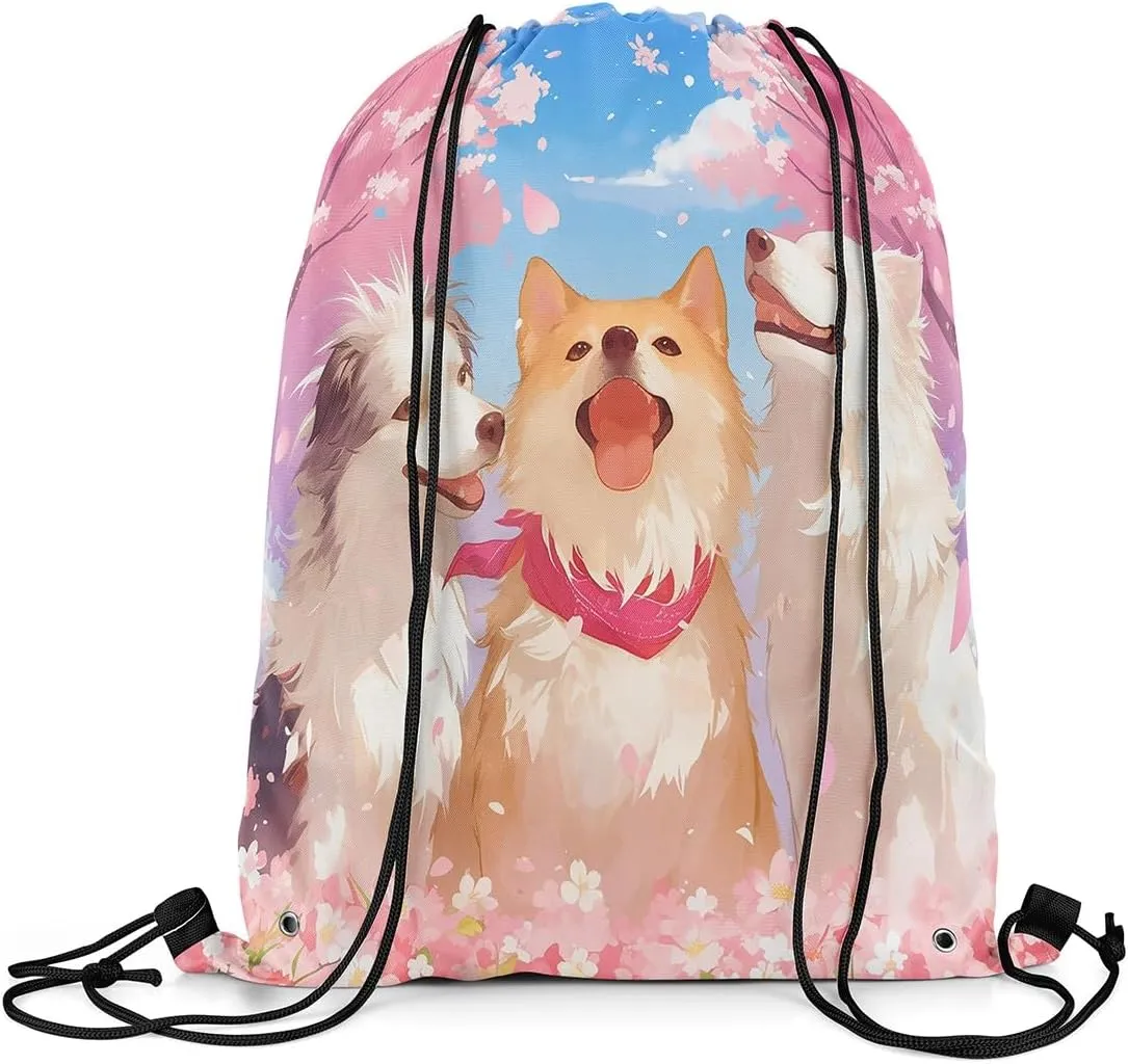 jejeloiu Sausage Dog Drawstring Backpack Cherry Blossoms Drawstring Bags Kawaii Shiba Inu Japanese Style Gym String Bag 13"x15.7" Puppy Dog Blue Pink Waterproof Cinch Bag Drawstring Backpack