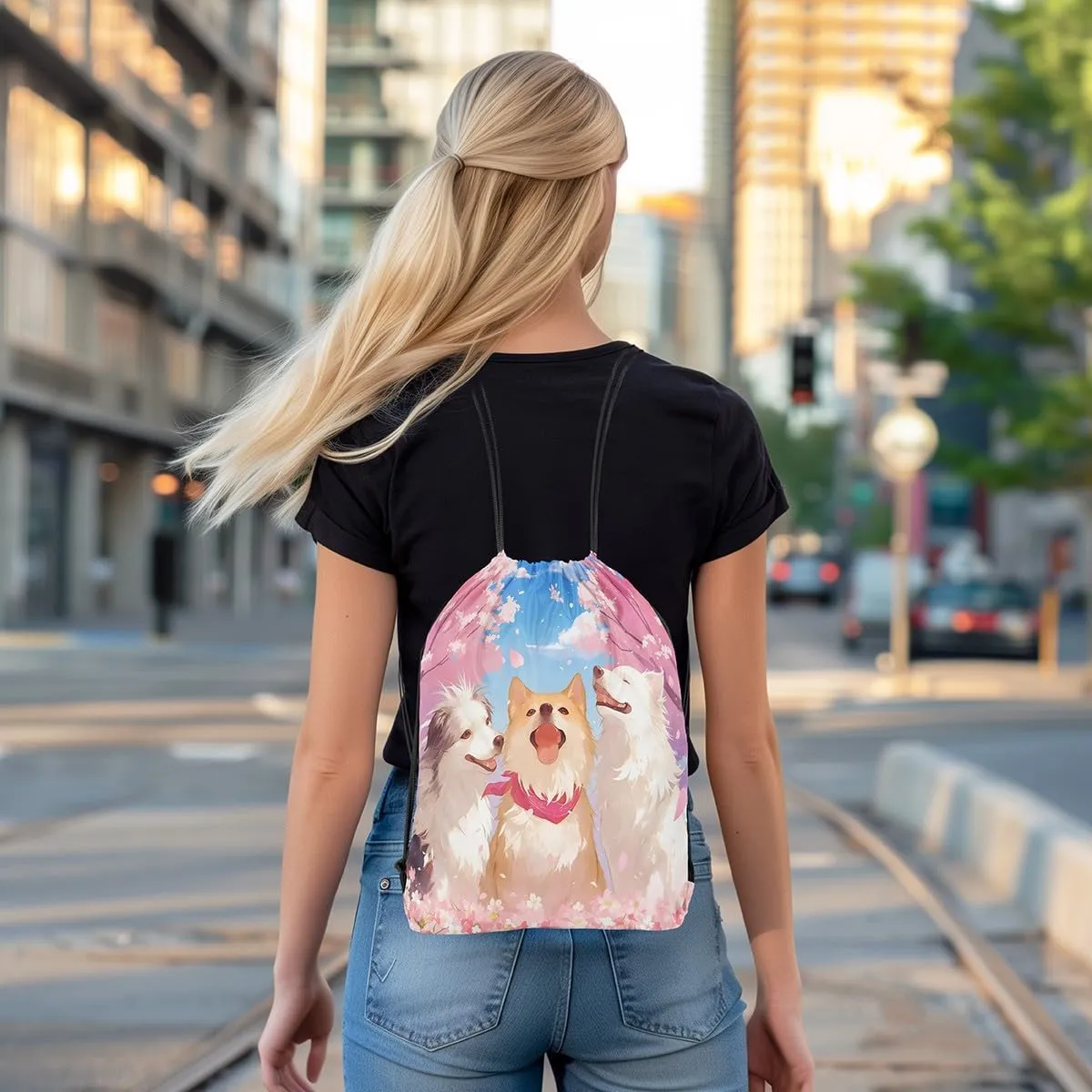 jejeloiu Sausage Dog Drawstring Backpack Cherry Blossoms Drawstring Bags Kawaii Shiba Inu Japanese Style Gym String Bag 13"x15.7" Puppy Dog Blue Pink Waterproof Cinch Bag Drawstring Backpack