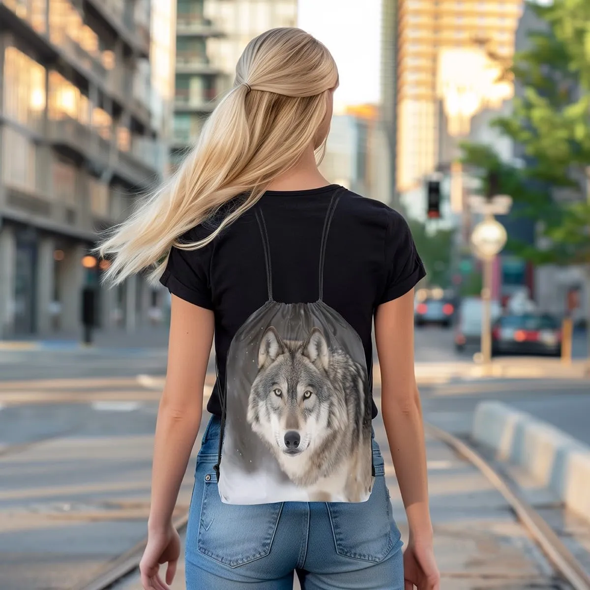 jejeloiu Wolf Drawstring Backpack Wolves Howling Drawstring Bags 13"x15.7" Brown Wolf Sports Drawstring Sackpack Animal Wolves Waterproof Cinch Bag Mountain Moon Wolf