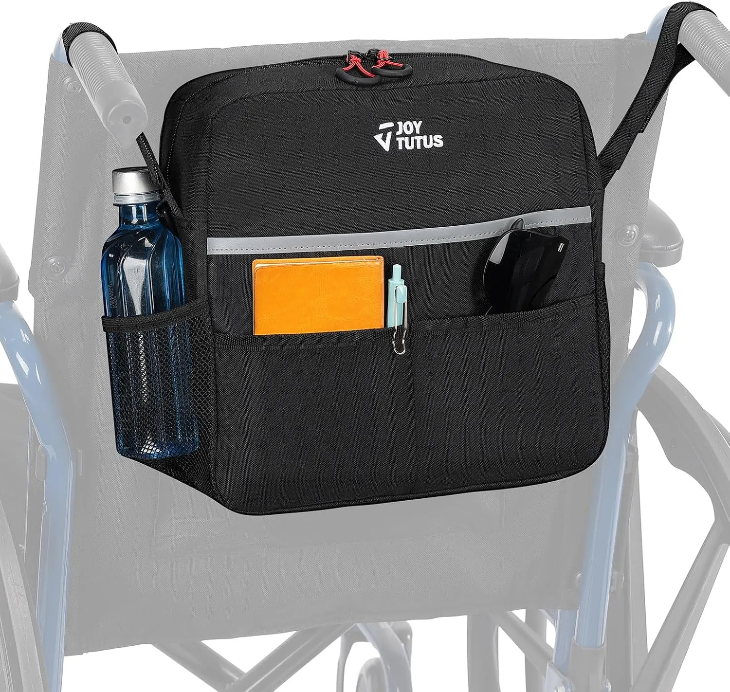 JOYTUTUS Wheelchair Backpack - Rollator Ready with Cup Holder, Reflective Stripe and Shoulder Strap (11x11x3.74in)