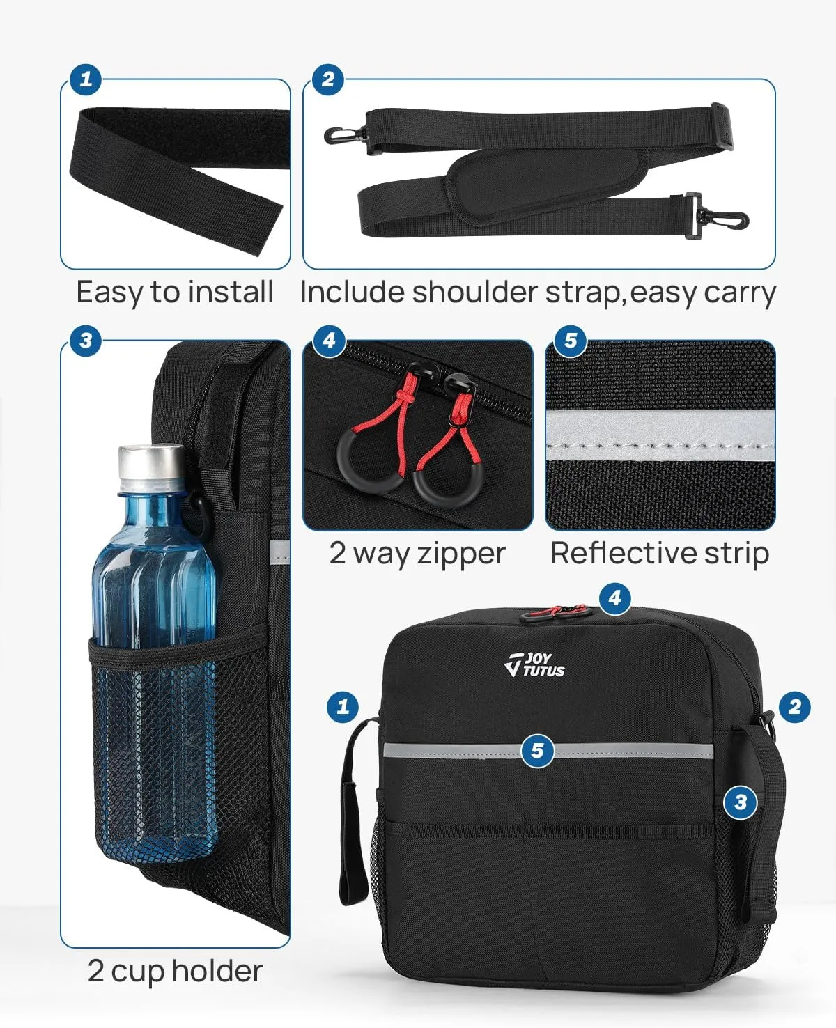 JOYTUTUS Wheelchair Backpack - Rollator Ready with Cup Holder, Reflective Stripe and Shoulder Strap (11x11x3.74in)