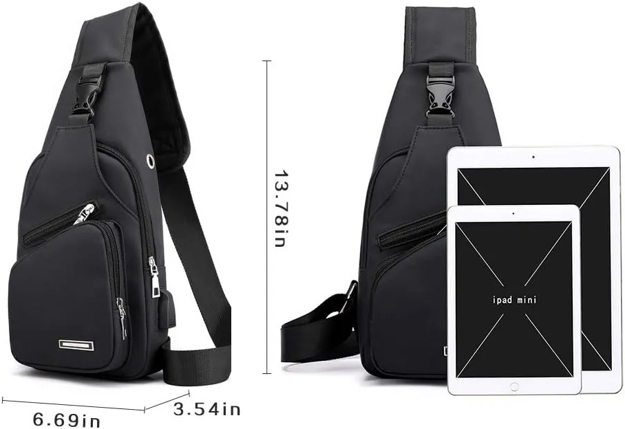 JUMO CYLY Mens Sling Bag, Leather Sling Bag with USB Charging Port Waterproof Casual Daypack Chest Crossbody Bag