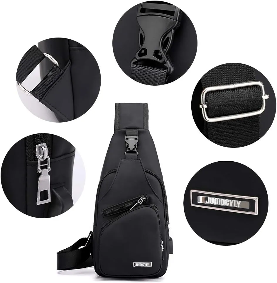 JUMO CYLY Mens Sling Bag, Leather Sling Bag with USB Charging Port Waterproof Casual Daypack Chest Crossbody Bag