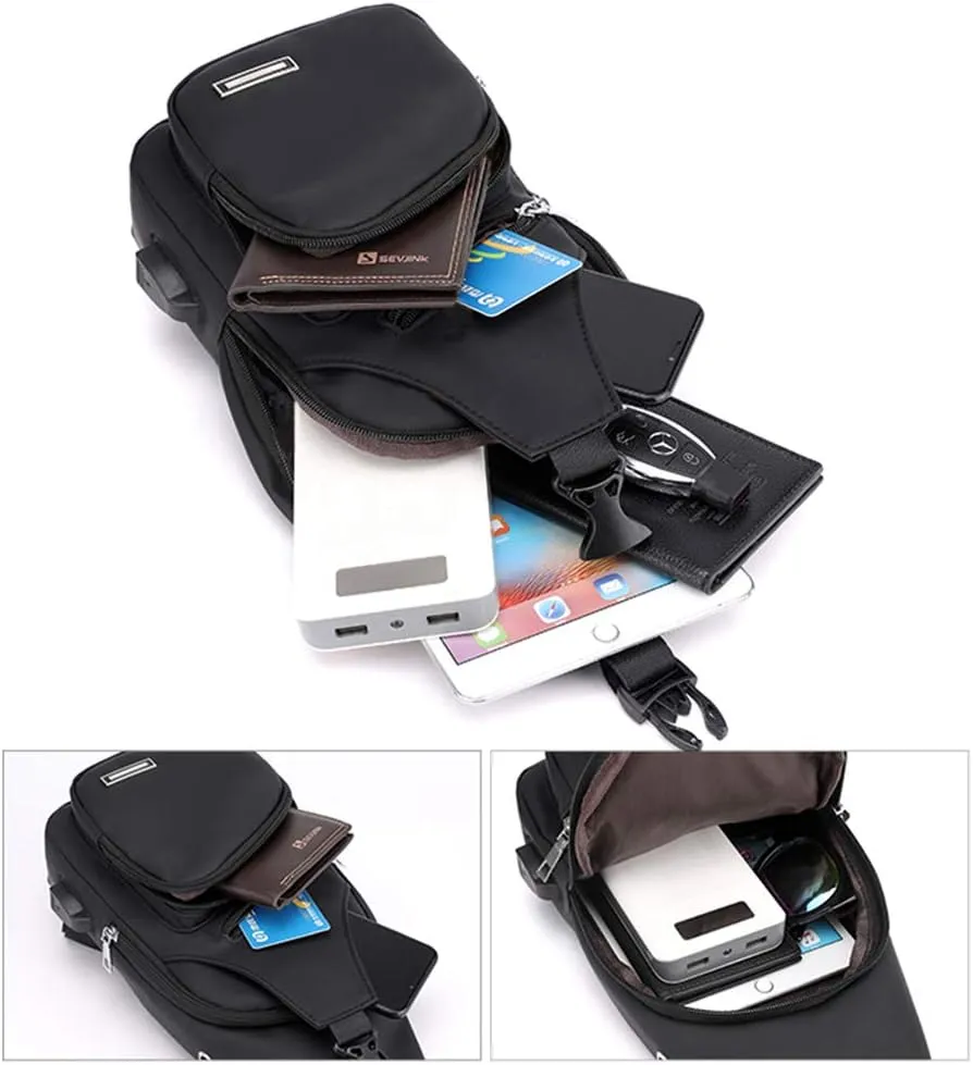 JUMO CYLY Mens Sling Bag, Leather Sling Bag with USB Charging Port Waterproof Casual Daypack Chest Crossbody Bag