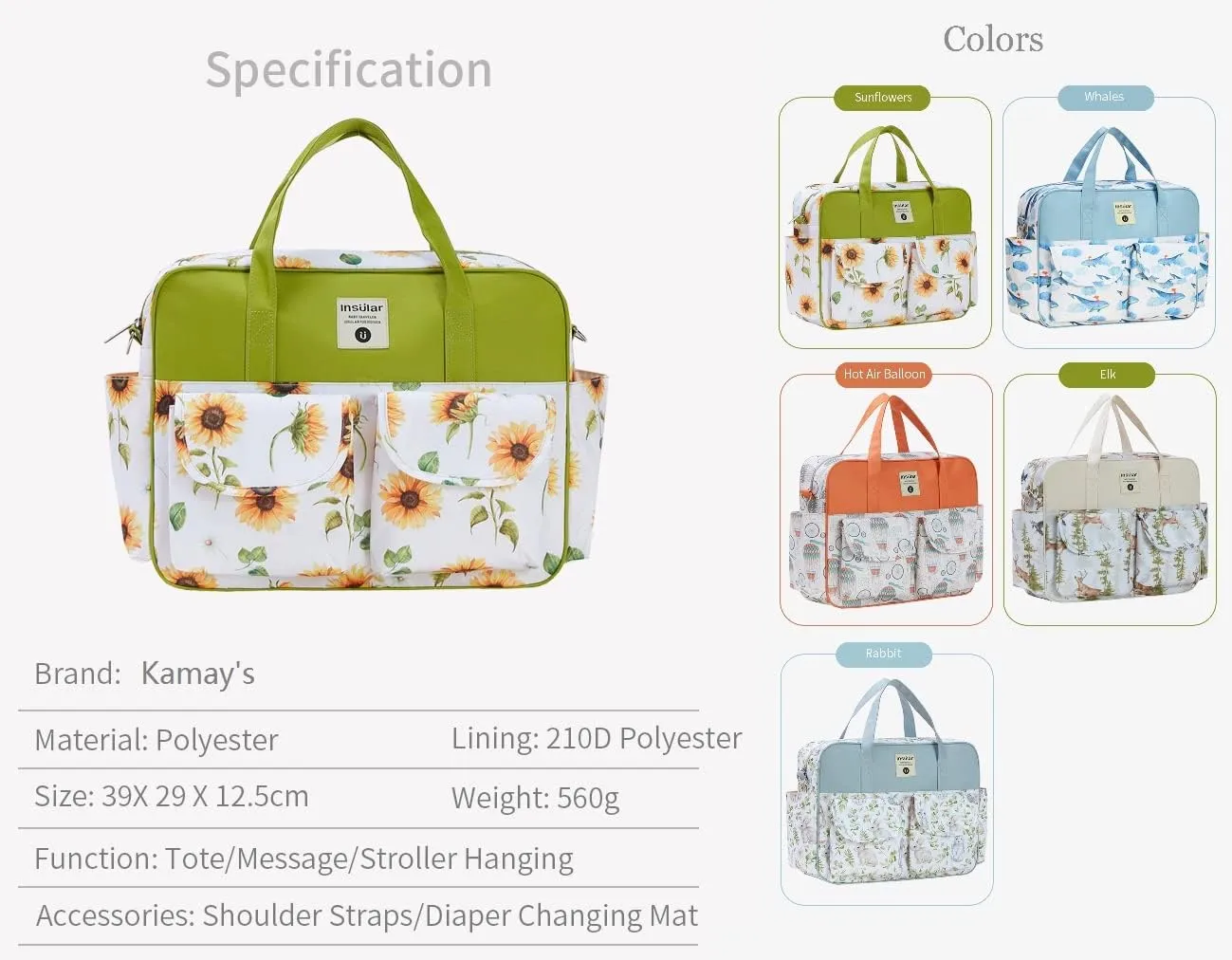 Kamay's Mummy Shoulder Bag Diaper Bag Chic Nappy Changing Bag Tote/Messenger Style Large with Changing Mat, Adjustable Straps