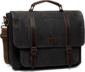 Kasqo Messenger Bag for Men, Vintage Waxed Canvas Water-Resistant 15.6 Inch Laptop Briefcase Shoulder Bag Satchel Bag for Work Business, Dark Grey