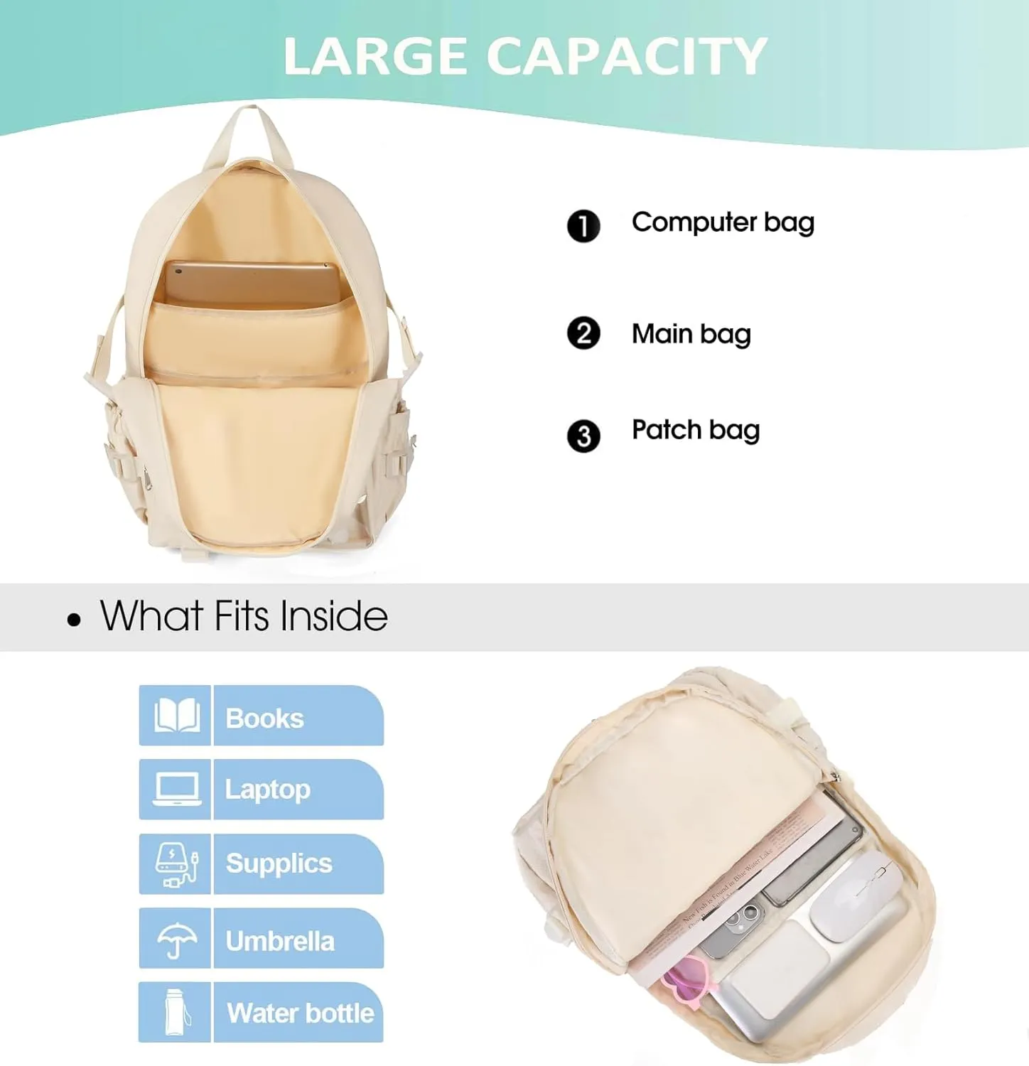 Kawaii Backpack for Teen Girls, Cute Aesthetic High Middle School College Bookbag with Accessories, Beige