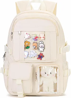 Kawaii Backpack for Teen Girls, Cute Aesthetic High Middle School College Bookbag with Accessories, Beige