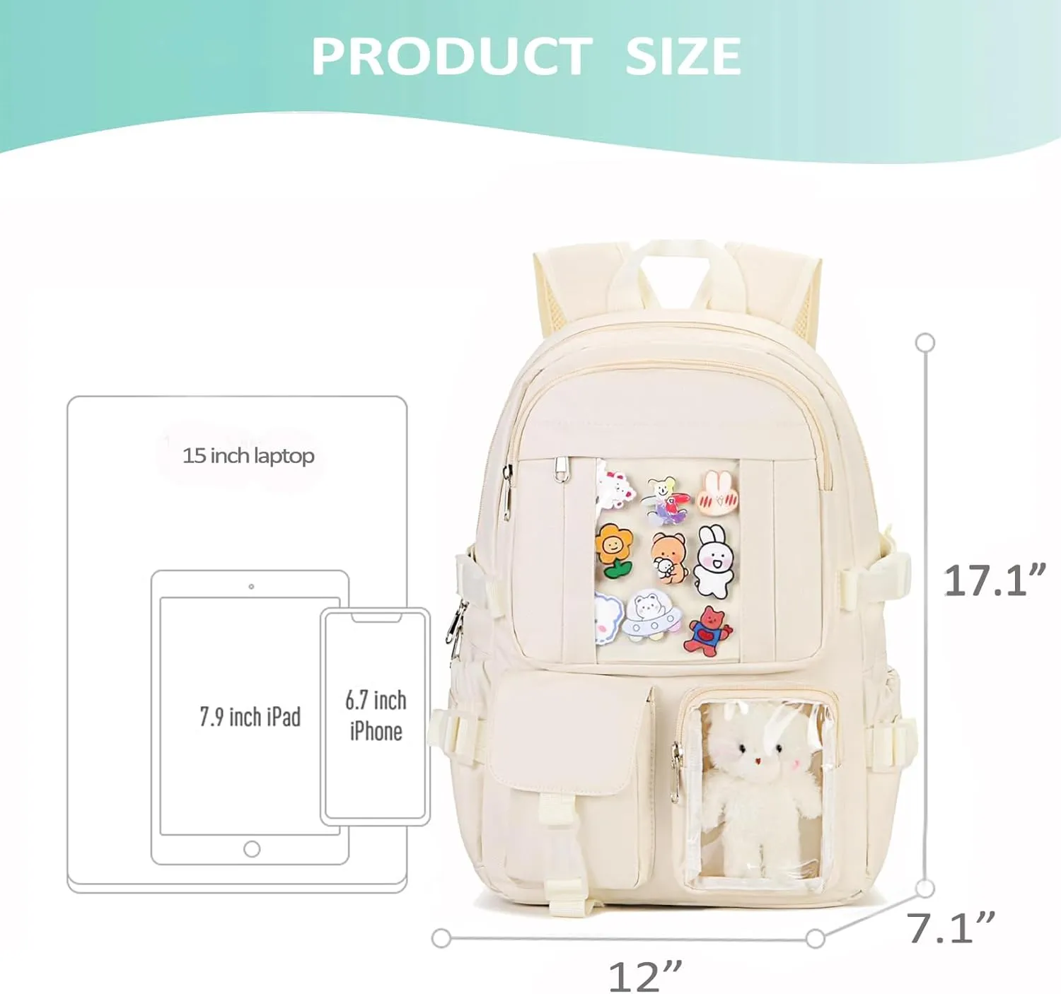 Kawaii Backpack for Teen Girls, Cute Aesthetic High Middle School College Bookbag with Accessories, Beige