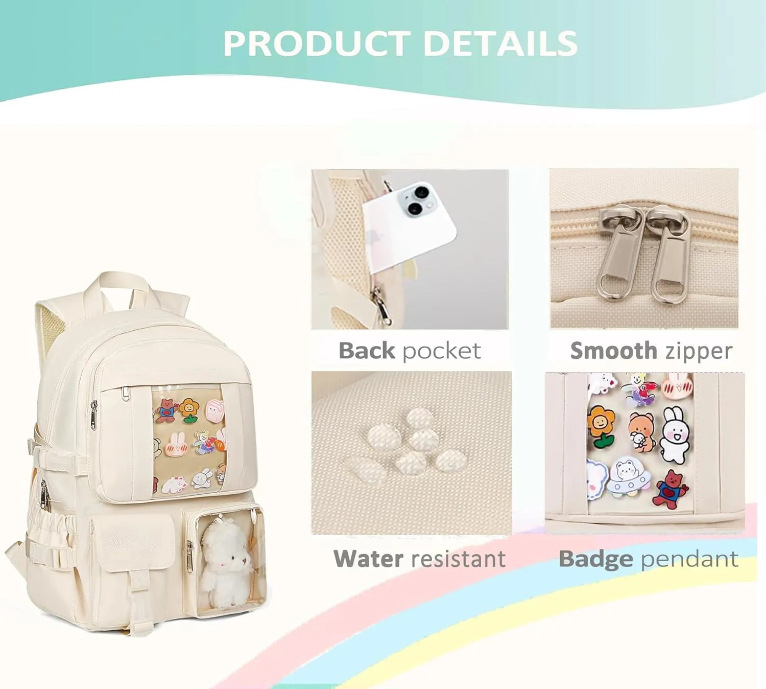 Kawaii Backpack for Teen Girls, Cute Aesthetic High Middle School College Bookbag with Accessories, Beige